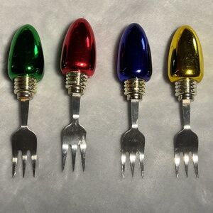Set of Four Old School Bulb Festive Party Forks 5” Bright Green Yellow Blue Red